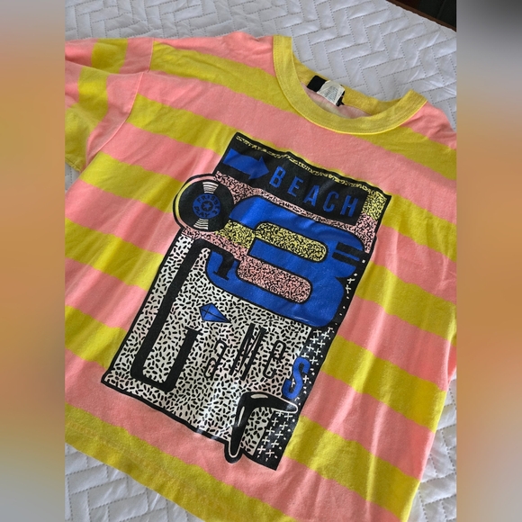Vintage Carlton Single Stitch 80s 90s Striped Beach 3 Games Tee - Picture 2 of 6